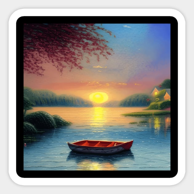Lakeside Sunset Boat View Sticker by The WYLD Tribe